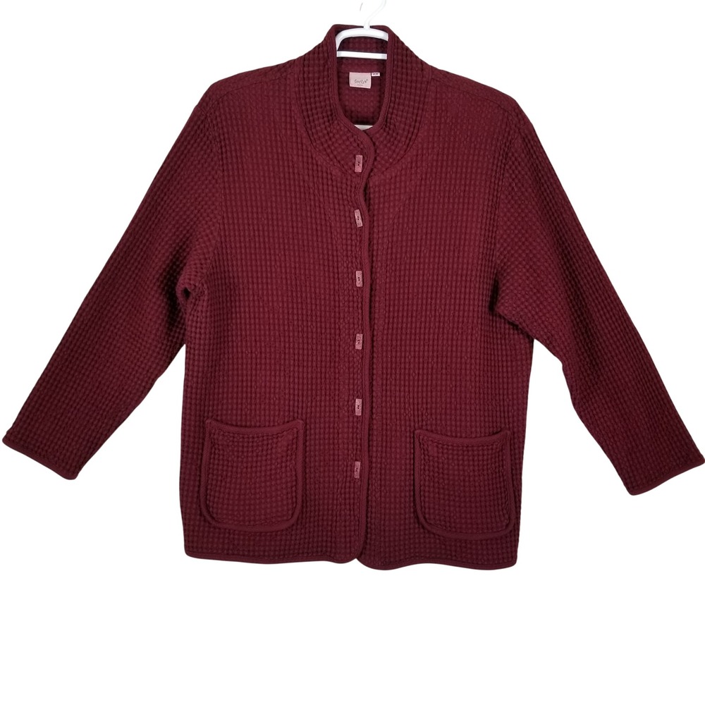 Focus 2000 Burgundy Waffle Knit Cotton Cardigan Sweater‎ Mock Neck Womens 2X USA
